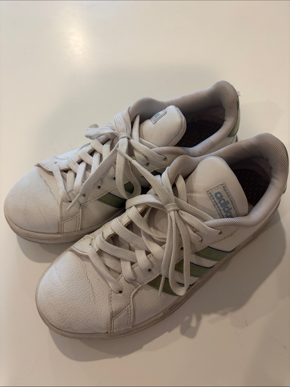 adidas White Sneakers with Light Green Three-Stripes - Women's Casual